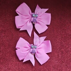 Pink Ribbon Hair Bows with Owl Accent (Set of 2)
